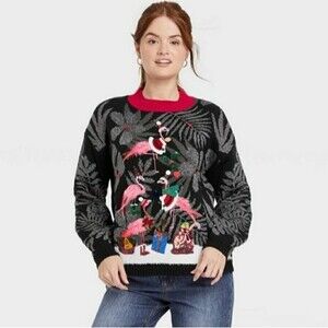 Ugly Christmas Flamingo Tree Pullover Sweater XS